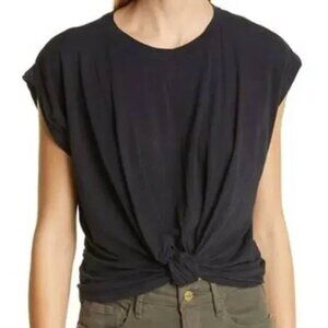 FRAME Knotted Roll-Sleeve T-Shirt in Black Cotton Minimalist Quiet Luxury - XS